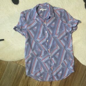 Parke & Ronen short-sleeve button-up with a blue, red, and white